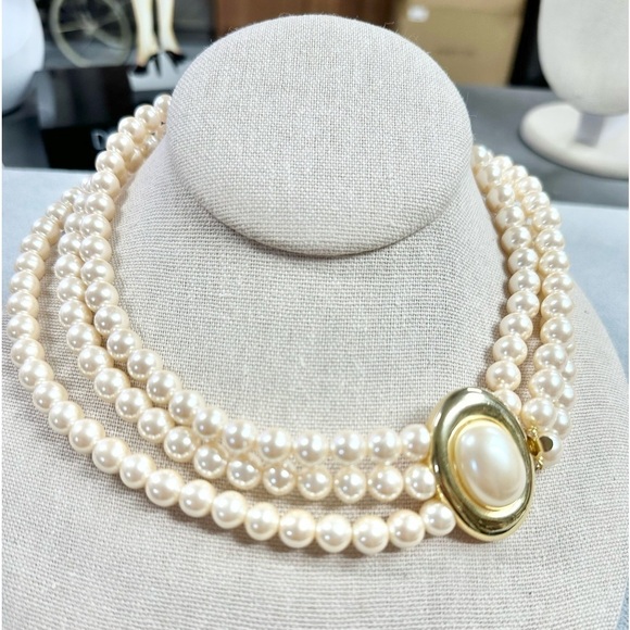 Richelieu Jewelry - Vintage Signed Richelieu Triple Strand Faux Pearl Gold Tone Clasp Necklace